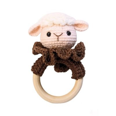 Macrame Baby Rattle With Wooden Handle - Sheep