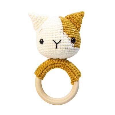 Macrame Baby Rattle With Wooden Handle - Kitty