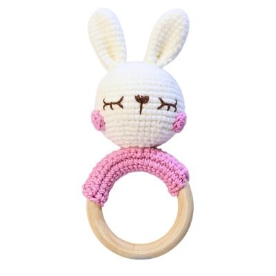 Macrame Baby Rattle With Wooden Handle - Bunny
