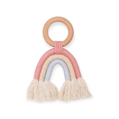 Macrame Baby Rattle With Wooden Handle - Rainbow