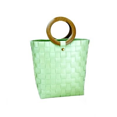 Woven Market Basket Bag with Round Wooden Handle in Avocado - Medium