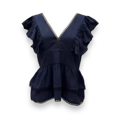 Humanity Hanoi Linen V-Neck Ruffles Top in Navy