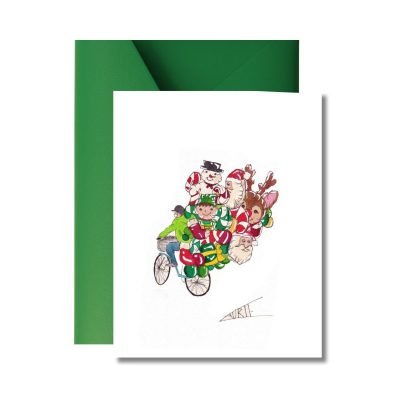 'Christmas Balloon Bike' Christmas Card by Laurie Draws
