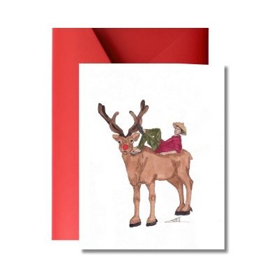 'Boy on a Reindeer' Christmas Card by Laurie Draws