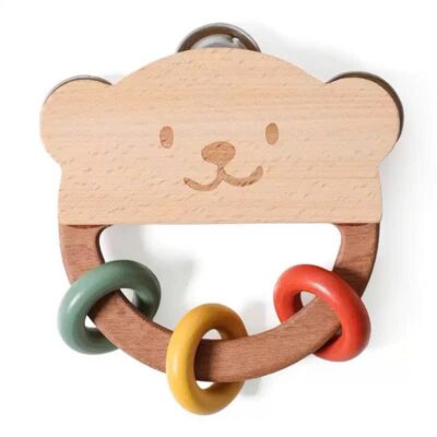 Wooden Rattle - Bear With Colorful Rings & Bell