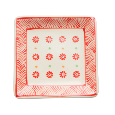 Bat Trang Ceramic Square Plate With Red Flower