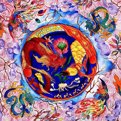 LY VU -  “Harmony Of Dragon & Phoenix” Silk Carre Scarf