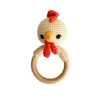 Macrame Baby Rattle With Wooden Handle - Chicken