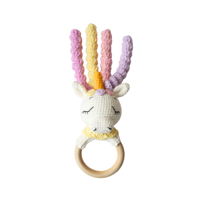 Macrame Baby Rattle With Wooden Handle - Unicorn