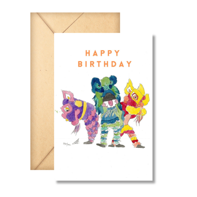 Laurie Draws - 'Three Lion dancers' Happy Birthday Card