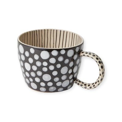 Bat Trang Ceramic Short Mug In Big Black Polka Dot with Stripe Inside