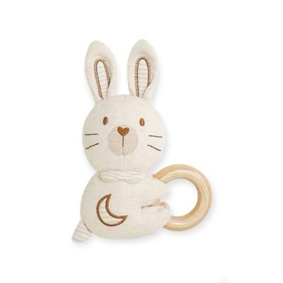 Cotton Baby Rattle With Wooden Handle - Bunny