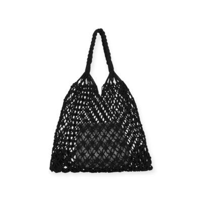 Cotton Macrame Market Tote Bag in Black