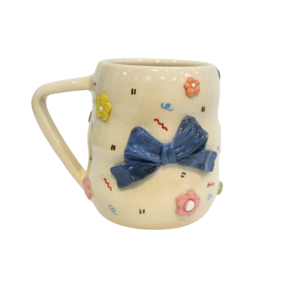 Meow Pottery - Bubble Mug in Blue Bow with Triangle Handle