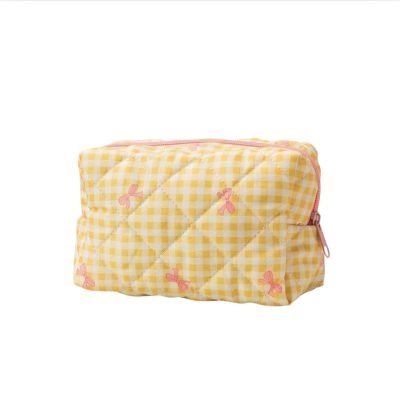 Make Up Pouch in Gingham Yellow with Pink Bow