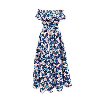 Humanity Hanoi Off Shoulder Maxi Dress in Navy and Pink Floral