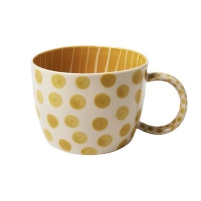 Bat Trang Ceramic Short Mug In Mustard Big Polka Dot With Striped Inside