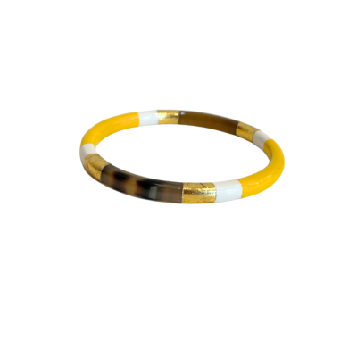 Aziet Saigon Buffalo Horn & Lacquer Round Bracelet in Stripe Gold & Yellow