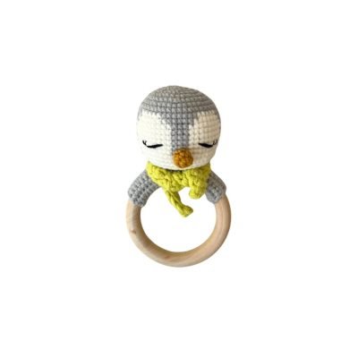 Macrame Baby Rattle With Wooden Handle - Penguin
