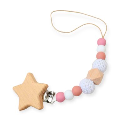 Children's Macrame Pacifier Holder in Pink Star