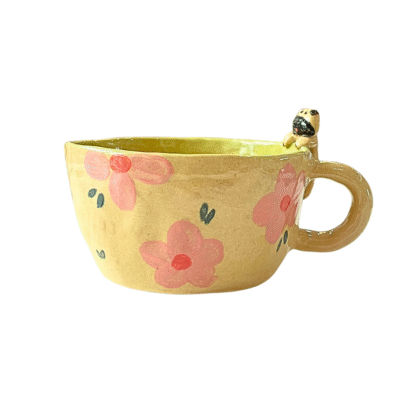 Lindo Crafts - Pink Flower Short Mug With Dog On The Rim