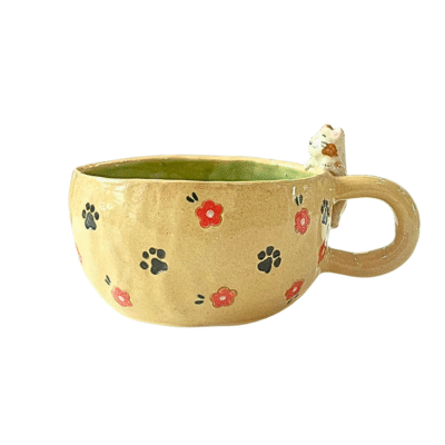 Lindo Crafts - Pink Flower And Paw Prints Short Mug With Cat on The Rim