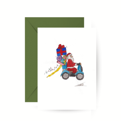 'Santa’s Driving Vespa' Christmas Card by Laurie Draws