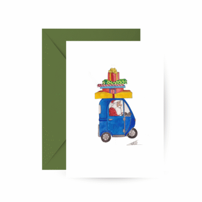 'Santa In Mini Car' Christmas Card by Laurie Draws