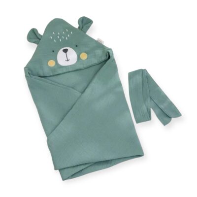 Bear Hooded Muslin Bath Towel in Sage