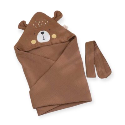Bear Hooded Muslin Bath Towel in Brown