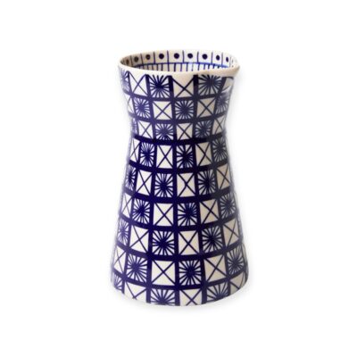 Bat Trang Hourglass Ceramic Vase With Geometric Nay & White Pattern